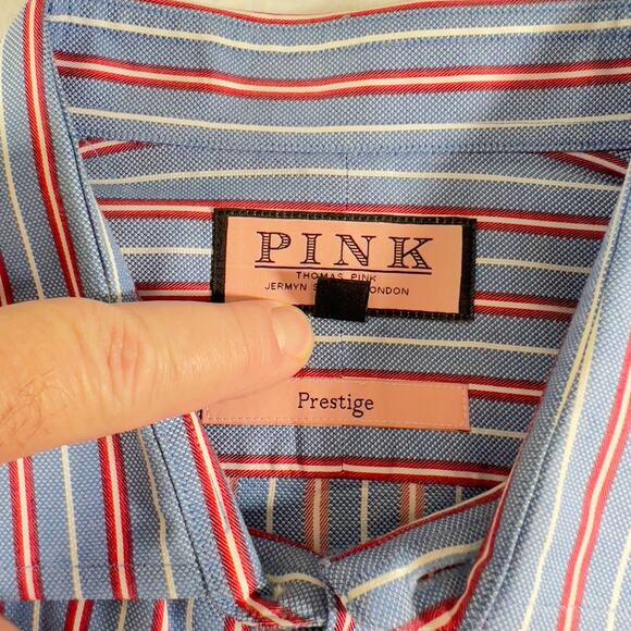 Pink Thomas Pink Prestige Button Shirt Men 17.5 35.5 FRENCH CUFF Blue Red Stripe - Picture 6 of 13